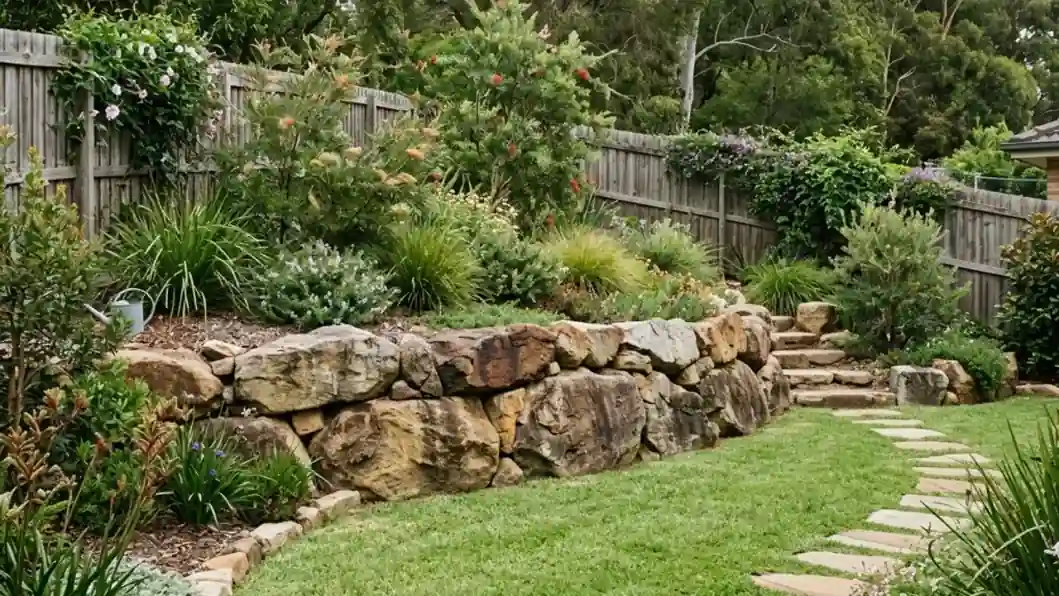 Illustrative finished garden with a rock wall retaining a higher planted terrace