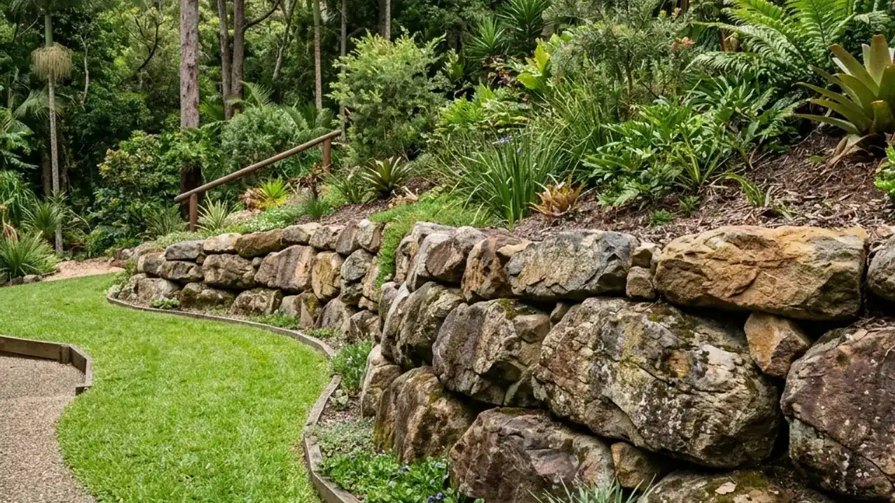 Boulder retaining walls retaining a raised residential garden level