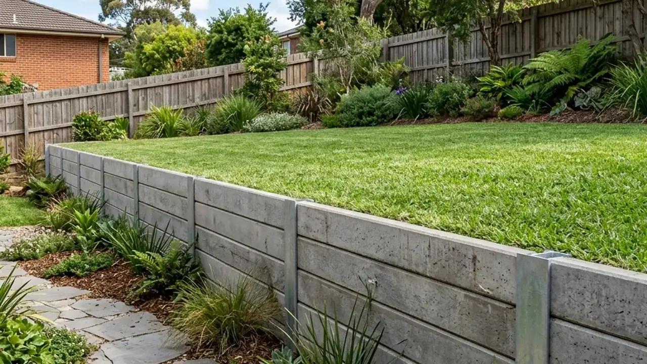 Concrete sleeper retaining walls retaining a raised residential garden level