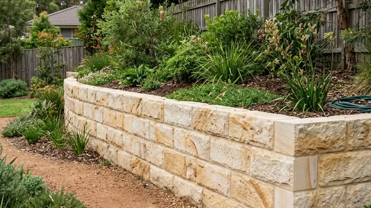 Sandstone retaining walls retaining a raised residential garden level