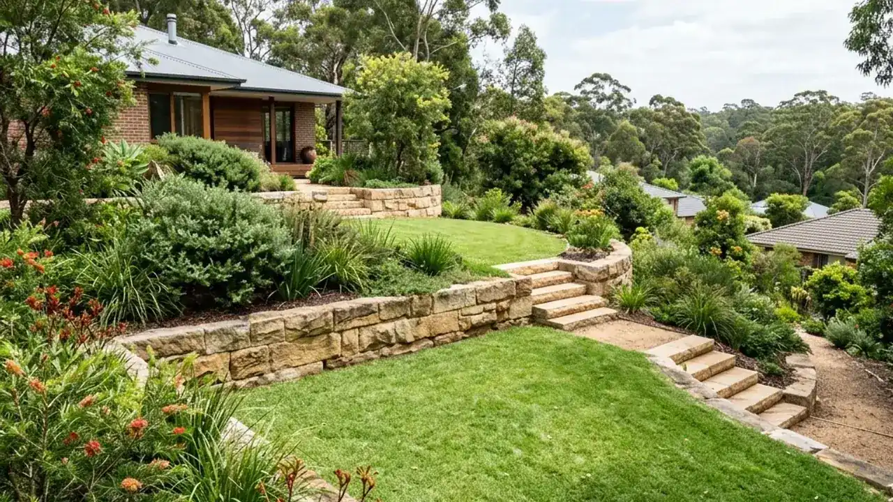 Terraced garden retaining walls retaining a raised residential garden level