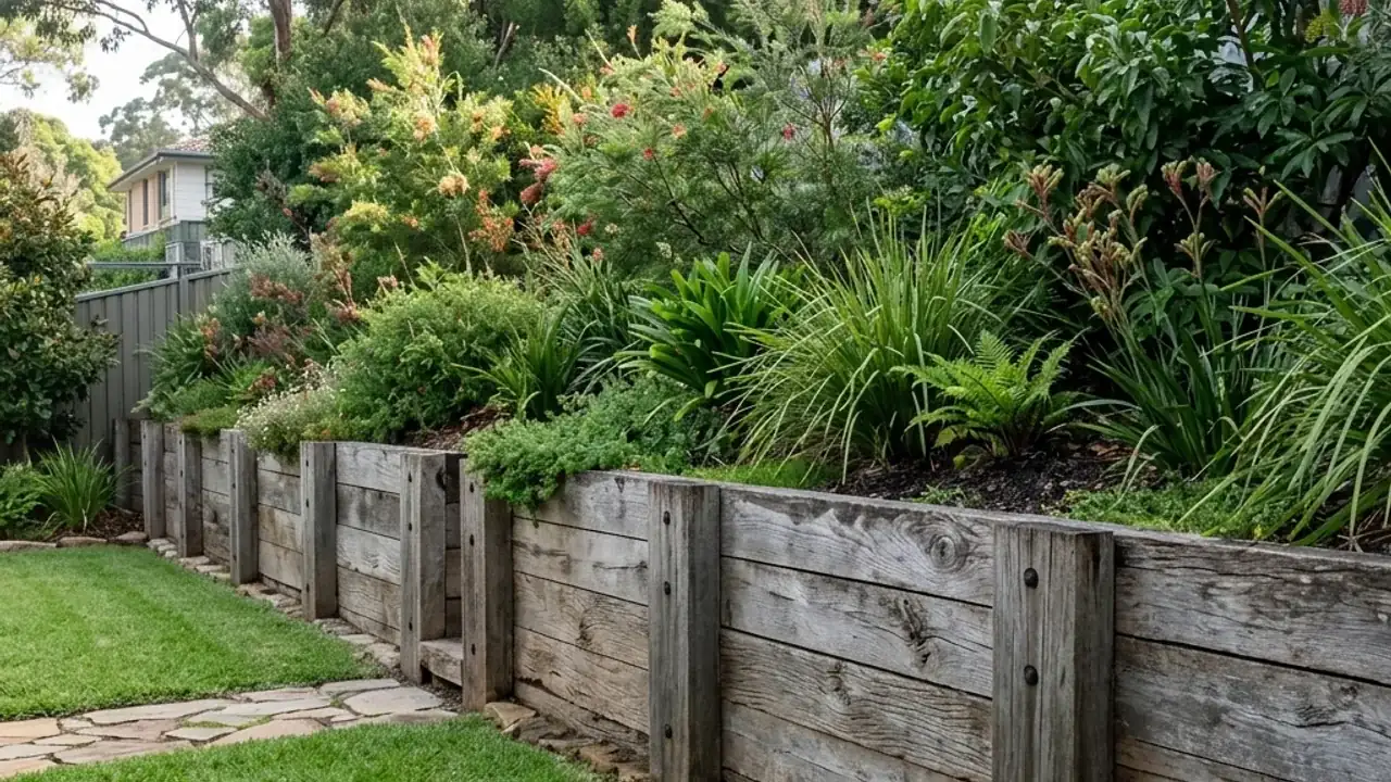 Timber sleeper retaining walls retaining a raised residential garden level